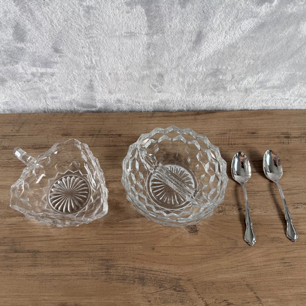Vtg Cut Glass Condiment Set Triangular Nappy Dish Divided Bowl Oneidacraft Spoon